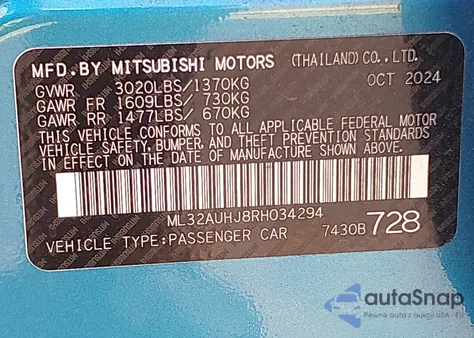 2024 Mitsubishi Mirage Es/Le из США, поврежденный, VIN ML32AUHJ8RH034294